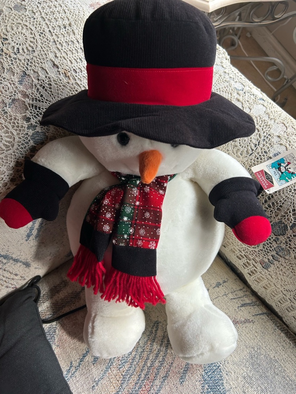 Plush Snowman Stuffed Animal with Black Hat and Red Scarf